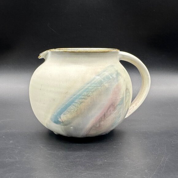 Vintage Art Pottery Pitcher Jug Pastel Purple Abstract Signed Planter Squatty - Picture 2 of 12